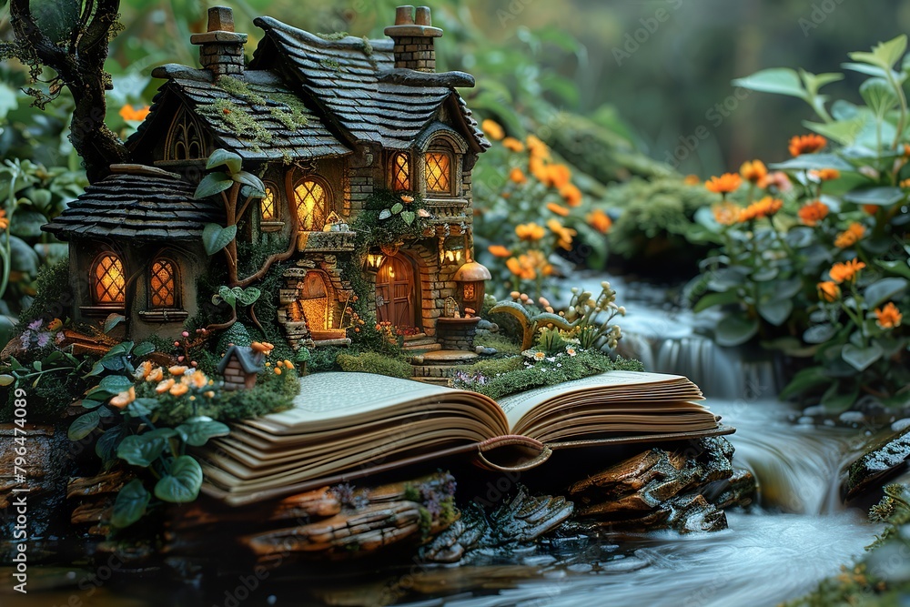 Opened magic book in a fantasy setting with a magical fairy forest, a little gnome house,