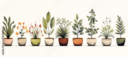 Plants in a pot, minimalist hand drawn style, clean white background