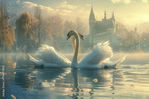 two swans in the lake with rose flowers, swans couple, beautiful romantic fantasy art, fantasy magical enchanted fairy tale