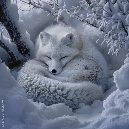 A beautiful painting of an arctic fox sleeping in the snow.