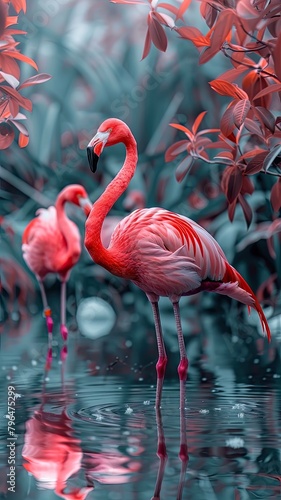 A beautiful photo of two pink flamingos standing in a blue pond surrounded by green and red leaves.
