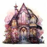 Enchanting Victorian House Illustration with Vibrant Floral Elements