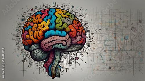 Creative left and right part of human brain, emotial and logic parts concept with social and business doodle illustration of left side, and art , Generative.AI photo