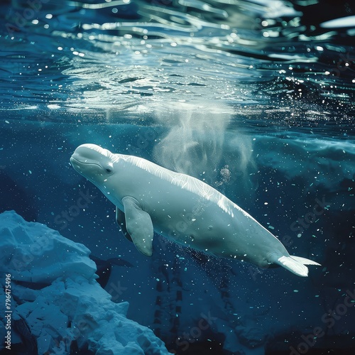 A beluga whale gracefully glides through the icy waters of the Arctic.