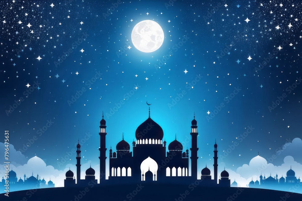 Ethereal Eid AlFitr illustration background with a blend of blue and white hues. A mosque silhouette graces the misty sky with sparkling stars overhead.