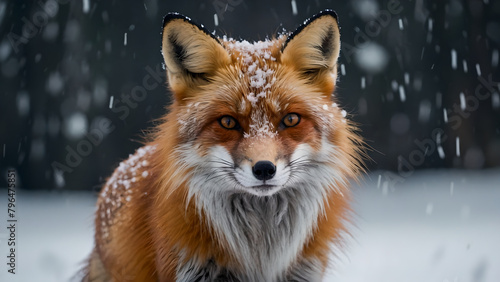 A picture of a red fox in the middle of the snow with snow on her head
