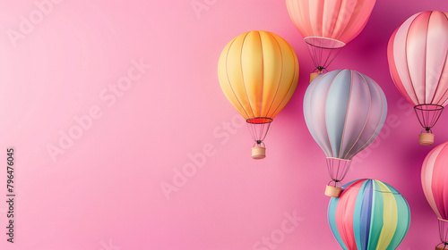 Flying colorful hot air balloons isolated on pink background