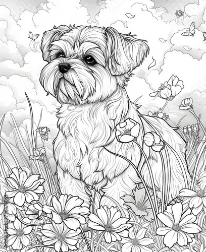 Adorable Hand-Drawn Dog Surrounded by Flowers and Clouds Illustration, coloring book