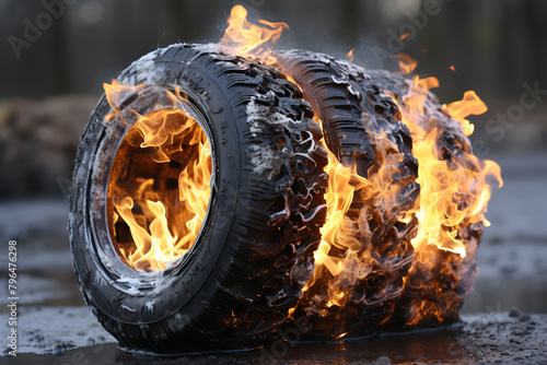 Makassar, Indonesia - September 14 2022: Fire burns old tires in the middle of the road with thick smoke photo