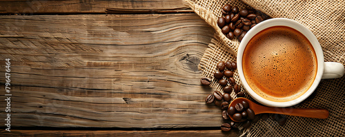 Cup of coffee with beans on the table on wooden rustic background.