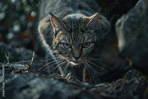 A cat in mid-hunt, eyes focused and body tense, illustrating the natural instincts and behaviors of felines, in a documentary, editorial, and magazine photography style