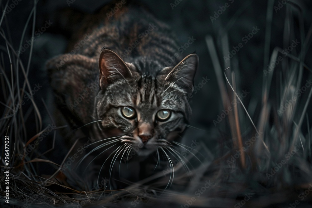 A cat poised in a hunting stance, eyes locked on its unseen prey, photographed in a dramatic editorial style that tells a story of instinct and survival in the wild A cat poised in a hunting stance, eyes locked on its unseen prey, photographed in a dramatic editorial style that tells a story of instinct and survival in the wild