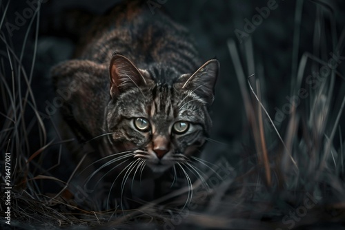 A cat poised in a hunting stance, eyes locked on its unseen prey, photographed in a dramatic editorial style that tells a story of instinct and survival in the wild © stardadw007