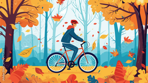 Man riding bike in autumn. Vector illustration in flat