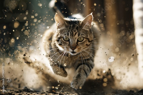 A high-speed chase scene featuring a cat in pursuit, photographed with dynamic lighting and composition to highlight the action, in a documentary