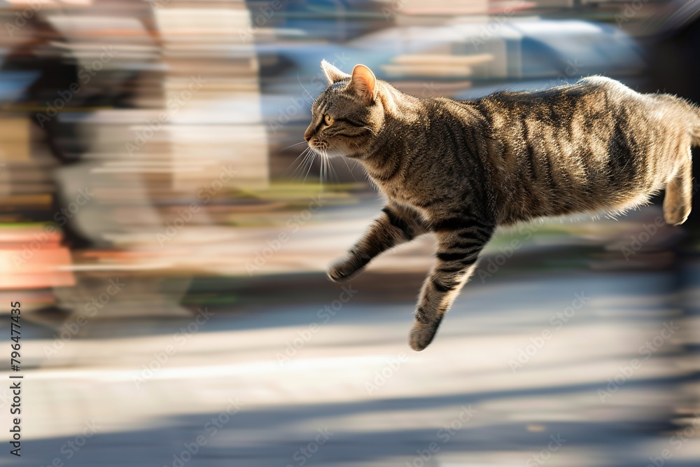 Fototapeta premium Action shots of cats in dynamic motion, such as jumping or running, intertwined with urban and street photography elements capturing the essence of city life, people walking, dancing, or performing