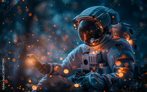 Man in space suit holding cell phone. Generative AI