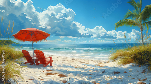 Two red chairs under umbrella on beach. Generative AI
