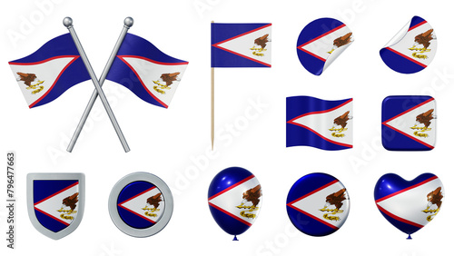 Set of objects with flag of American Samoa isolated on transparent background. 3D rendering