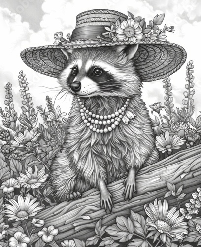 Elegant Raccoon in Floral Hat Amidst Blossoming Flowers