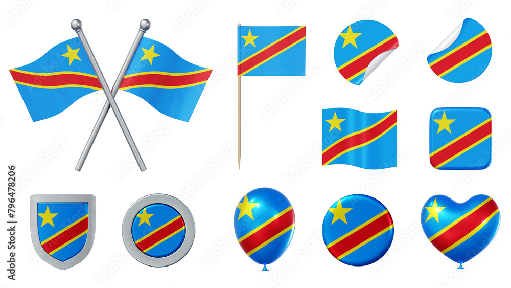 Set of objects with flag of the Democratic Republic of the Congo isolated on transparent background. 3D rendering Set of objects with flag of the Democratic Republic of the Congo isolated on transparent background. 3D rendering