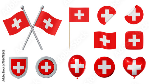 Set of objects with flag of Switzerland isolated on transparent background. 3D rendering