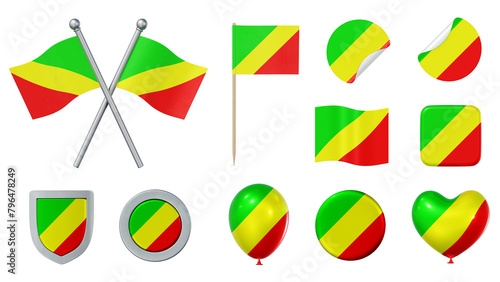 Set of objects with flag of the Republic of the Congo isolated on transparent background. 3D rendering