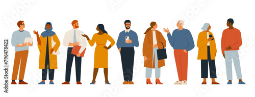 Business multinational team. Vector illustration of set diverse flat men and women of various races, ages and body type in office outfits. Isolated on white.