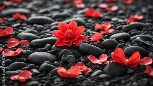 Red flower on black volcanic rock