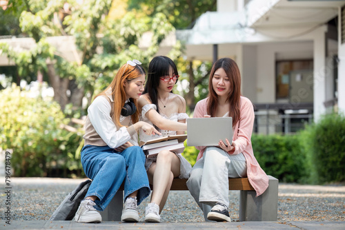 Asian young campus student enjoy learn study and reading books together. Friendship and Education concept. Campus school and university. Happiness and funny of learning in college