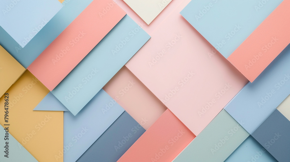 Soft pastel squares and triangles blend with bold lines for a serene yet compelling visual.