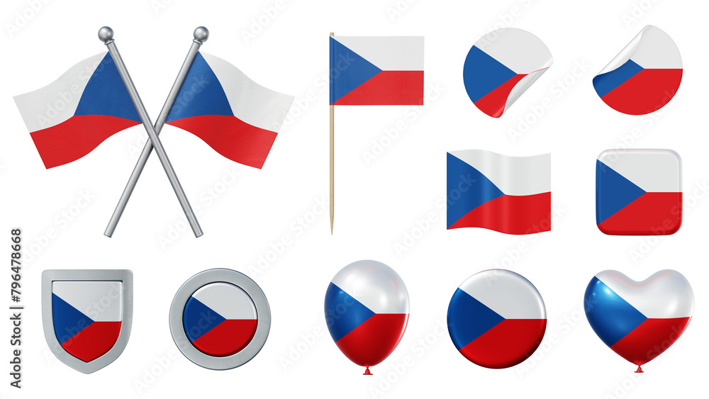 Set of objects with flag of the Czech Republic isolated on transparent background. 3D rendering