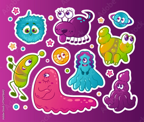 set Cute space cartoon monsters. Aliens, funny and cute colorful Halloween characters with different emotions. Neon colors, Y2k, gradient, 2000s Space flights, the future. stickers, design elements.