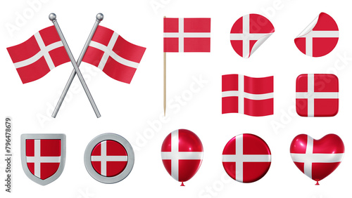 Set of objects with flag of Denmark isolated on transparent background. 3D rendering photo