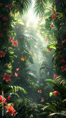 Dense jungle filled with red flowers. Generative AI
