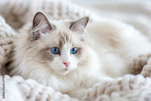 Editorial photography of Ragdoll cats showcasing their large size, semi-long fur, and striking blue eyes, capturing their docile and affectionate nature photo