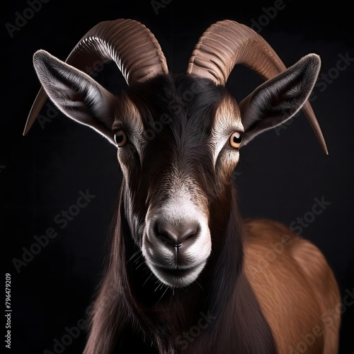 Head of a goat on dark background photo