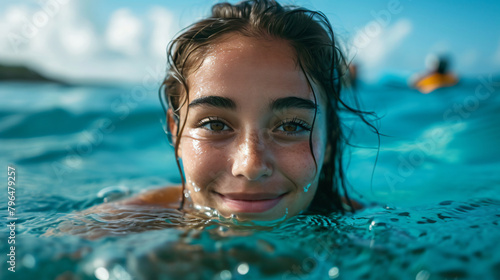Portrait of a young brunette girl, her smile radiating joy as she enjoys swimming in the sea.