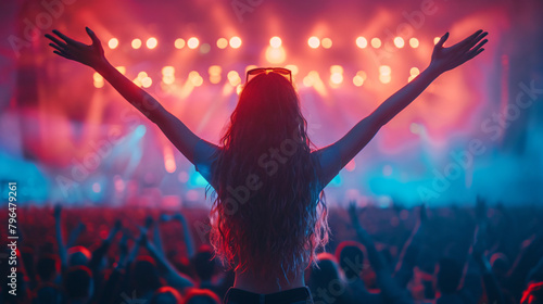 Young girl immersed in pure joy as she experiences a concert at a music festival.