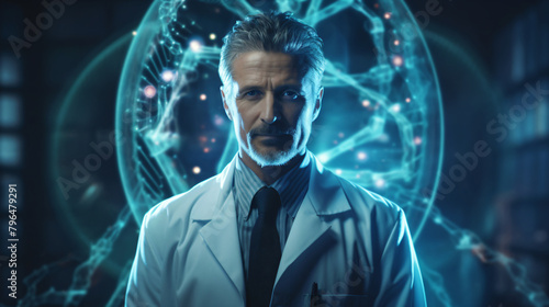 Portrait of a confident middle-aged doctor in a futuristic environment, exuding professionalism and assurance.