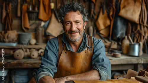 Portrait of a seasoned leather craftsman in his workshop, surrounded by the tools and materials of his trade.