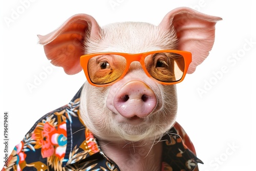 Fashionable pig in vibrant attire with orange sunglasses and colorful hawaiian shirt
