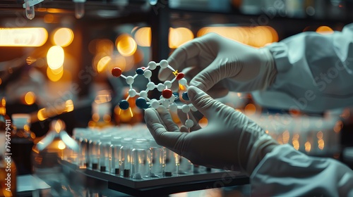Close-up of scientists hands conducting drug synthesis experiment, molecular model and copy space photo