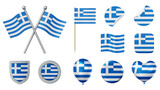Set of objects with flag of Greece isolated on transparent background. 3D rendering