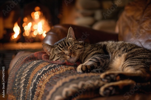 High-quality photoshoot of cats in cozy indoor settings, emphasizing their relaxed postures on plush furnishings or beside a gently flickering fireplace