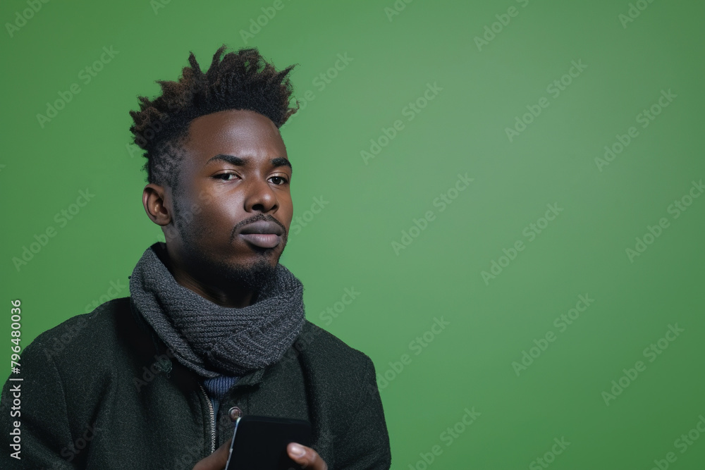 African American man with phone on green studio background African American man with phone on green studio background