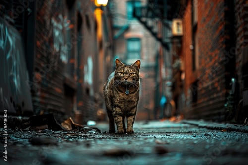 Magazine photography style, capturing the adventurous spirit of cats roaming urban streets and alleys, with detailed backdrops of city life photo