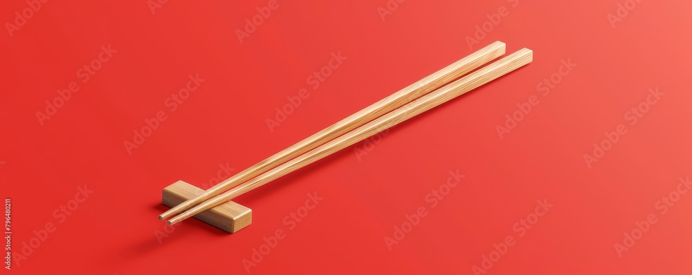 A pair of wooden chopsticks resting on a chopstick holder. The chopsticks are brown and the holder is red. The background is also red. A pair of wooden chopsticks resting on a chopstick holder. The chopsticks are brown and the holder is red. The background is also red.
