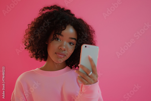 Beautiful African American woman with phone on pink studio background