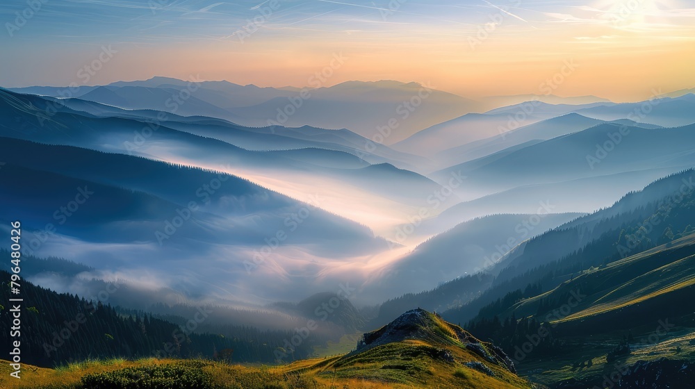 Obraz premium A sleepy village nestled in a valley, with smoke rising from chimneys and the first light of morning casting a warm glow on the rooftops and cobblestone streets.